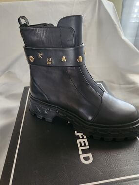 Karl Lagerfeld Black Women's Leather Ankle Boots with Gold Accent